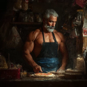 Can you make a picture of an Italian man behind the counter maki...