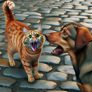 Cat barks on a dog