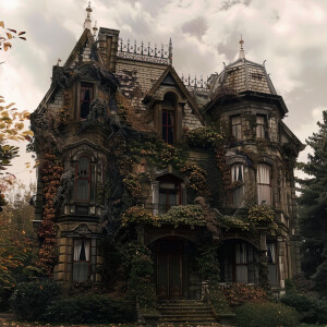 AI Image: A large, eerie Victorian house with overgrown vines cr...