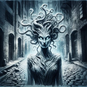 In the midst of a dimly lit alleyway, an enchanted chiaroscuro gorgon stands frozen in time, her serpentine hair cascading in intricate coils around her petrified form. This captivating image, a digitally manipulated street photograph, showcases the gorgon's stunning features in stark contrast against the urban backdrop. The play of light and shadow creates a hauntingly beautiful ambiance, highlighting every intricate detail of her stone-like skin and piercing gaze. With impeccable clarity and depth, this masterpiece exudes an air of ancient mystique and modern allure.