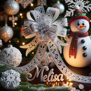 crystallized ribbon name *melisa* wrapped around a christmas tre...