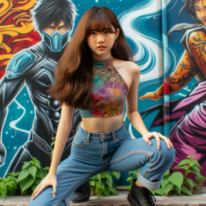 teenage girl, long brown hair and bangs, wearing tight skinny jeans and a halter top paint marks on her clothing, heroic pose Asian graffiti background, nearing on one knee