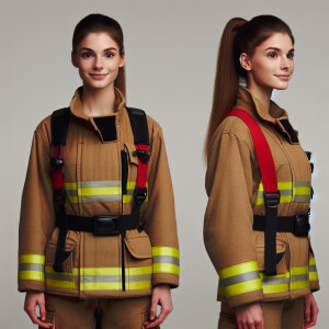 Sasha Braus as a firefighter, brown hair, ponytail, full body