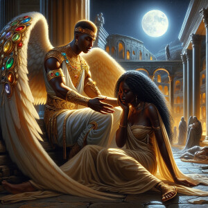Create an oil painting image featuring a male angel and a grievi...