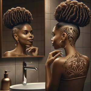 Imagine a digital artwork where a woman is standing in front of...