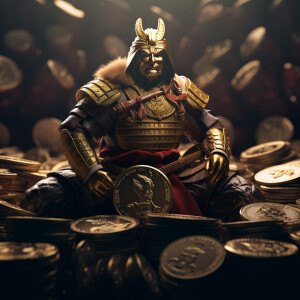 Samurai in the foreground and cryptocurrency