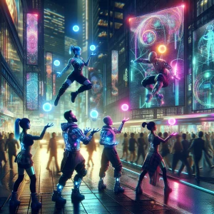 A group of cyber-enhanced street performers juggling glowing orbs on a busy urban sidewalk. The colorful holographic billboards above them pulse with rhythmic light patterns, casting a mix of shadows and highlights across the scene