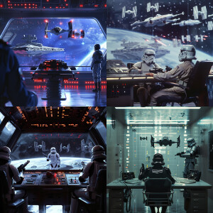 humorous scene. Star Wars walker command room. officer and two a...