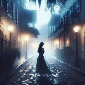 Wench on an old Charleston cobble stone street early on a foggy...