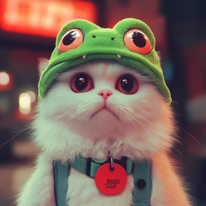 A white cat with a fluffy coat, sporting a whimsical green frog...