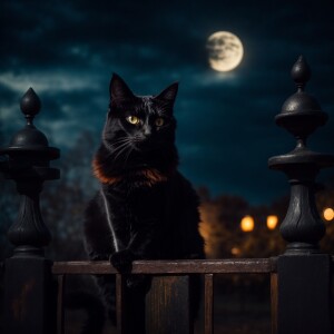 Beautiful cat with big eyes, black, sitting on fence in moonligh...
