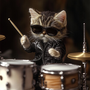A full-body image of a small cat wearing sunglasses and a black...