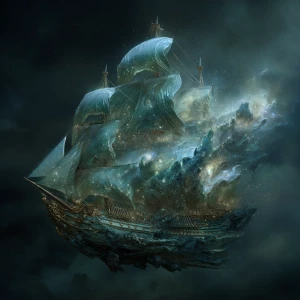 In the vast expanse of space, a surreal galaxy galleon drifts, f...