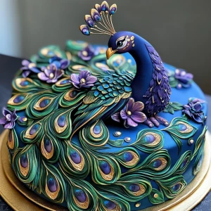 A beautiful peacock. Blues, greens, purples with gold leaf accen...