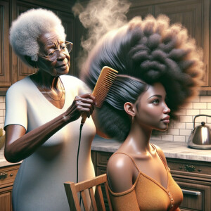 Create a realistic 3-D image of an african-American grandmother in the kitchen with her african-American granddaughter. The grandmother has a hot comb in her hair and she is straightening her granddaughters hair. One side of her granddaughters hair is in  a Afro the other is bone straight 
There is smoke coming from the hot comb