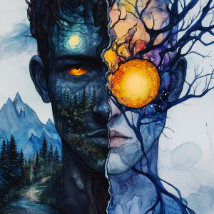 An alcohol ink watercolor painting of a surrealistic portrait of...