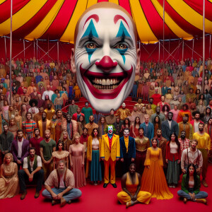 People are sitting in a circus tent, and there is a scary smilin...