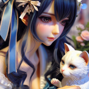 Realistic anime woman with dark blue hair and dark brown eyes. S...