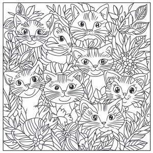 Create a coloring page design with thick lines, featuring  kitte...