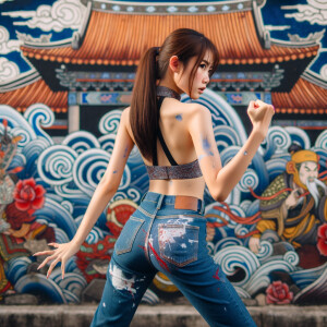 Attractive, Asian teenage girl, long brown hair and bangs, wearing tight skinny jeans and a halter top paint marks on her clothing, backside view heroic pose Asian graffiti