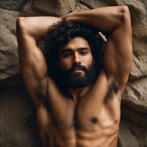 The image shows a close-up of a bearded man, underarm area with...