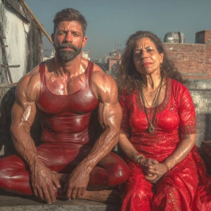 Hyperrealistic image,A man muscular beefy sweaty doinga yoga sit...