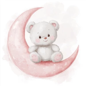 A cute, cartoon teddybear sits on a stylized, rosy-pink crescent moon. The teaddy bear is light gray with large, round, pink-spotted ears.  Its body is round and he has expressive eyes.  its facial expression is happy and friendly. The teddy bears legs and feet are visible, and its posture is relaxed, sitting, leaning into the moon. The moon is a soft, shaded pink, with watercolor-like texture and subtle shading. The background is white. The image is in a child-friendly style, showcasing delicate line work and color palettes. The composition is centered on the teddy bear which is positioned on the moon. The overall style is sweet, whimsical, and reminiscent of children's book illustrations.  The colors are pastel and soothing, creating a gentle atmosphere.