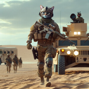 Create a realistic image of a cat as a human US Marine strolling...