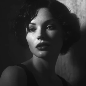 Ultra-realistic noir portrait of a mysterious woman, elegant vin...