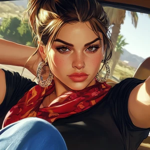 Lucia from GTA, a girl with brown hair, thick eyebrows, pumped u...