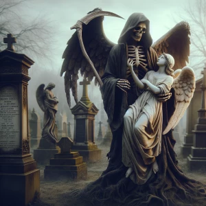 Grim Reaper  holding a angel, digital-art style, in Cemetery, wi...