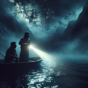 A guy and a girl are sailing on a boat in the middle of the lake...