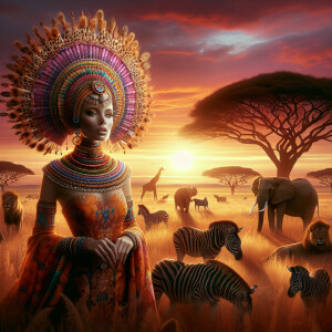 Envision a magnificent African savannah at the golden hour of su...