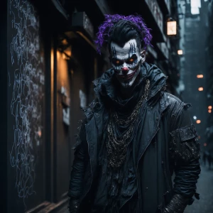 "Create an image of a sinister clown in a trap-style outfit, com...