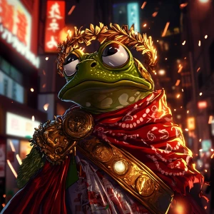 Pepe the Frog dressed as an ancient Roman emperor, wearing a gol...