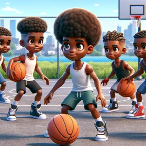 Generate an image of a group of African American boys playing ba...