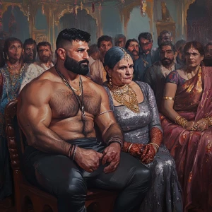 Realism art style 1:1,a muscular beefy sweaty man sitting on sta...