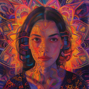 A straight-on portrait of a woman, with her features merging int...