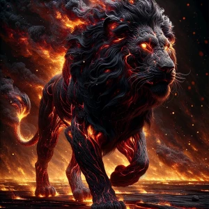 A colossal Black Lion, fur rippling with obsidian-like sheen, ve...