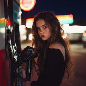 teen pumping gas while go overfills distracted by her beauty