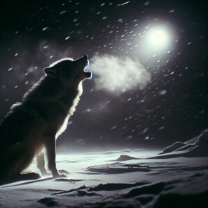 Lone wolf sitting, howling in the snow, surrounded by wind, smok...
