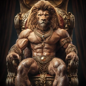 Create a photorealistic 3D image of a majestic man-lion hybrid, featuring an expansive mane and exceptionally well-defined, oversized muscles. Adorn this regal creature with intricate jewelry and gold embellishments, and depict it seated on a throne. Aim for 8K UHD resolution, extreme professional detail, and a composition that is both visually stunning and captivating.