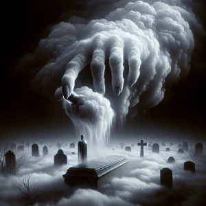 A spectral hand emerging from billowy clouds above a fog-enshrou...