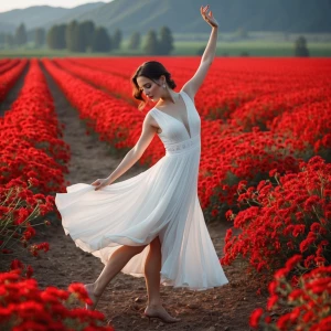 a beautiful woman in white dress dancing in the red flower field...
