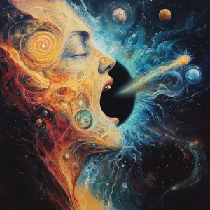 Design a surreal cosmic art piece that illustrates a human face...