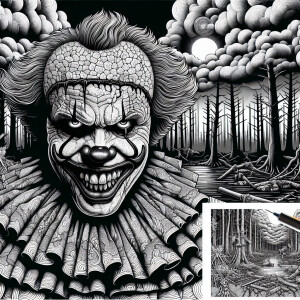 Create a detailed black-and-white coloring page featuring a horr...