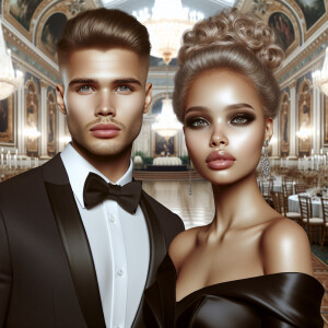 A light skin African American couple at a fancy ballroom event....
