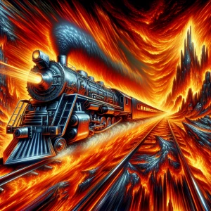 Create an image depicting "The Crazy Train," a locomotive pulsating with madness, as it hurtles at breakneck speed through a nightmarish inferno. The scenery is ablaze with flames that reflect off the train's metal surfaces, and the landscape is twisted with volcanic eruptions and jagged rocks. Include intense speed lines and blurred surroundings to emphasize the train's chaotic velocity and the tumultuous environment it traverses.