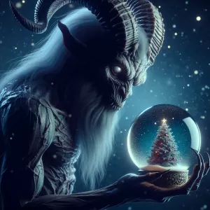 Krampus holds a snow globe in his hand, with a Christmas tree ca...
