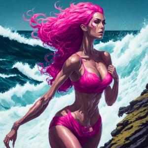 Caucasian 25 year old female with barbie pink hair, curvey body,...